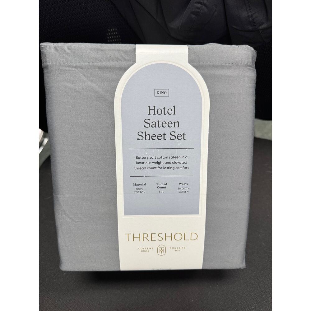 New Threshold King Gray Cotton Sateen Deep Pocket 800 Thread Sheet Set